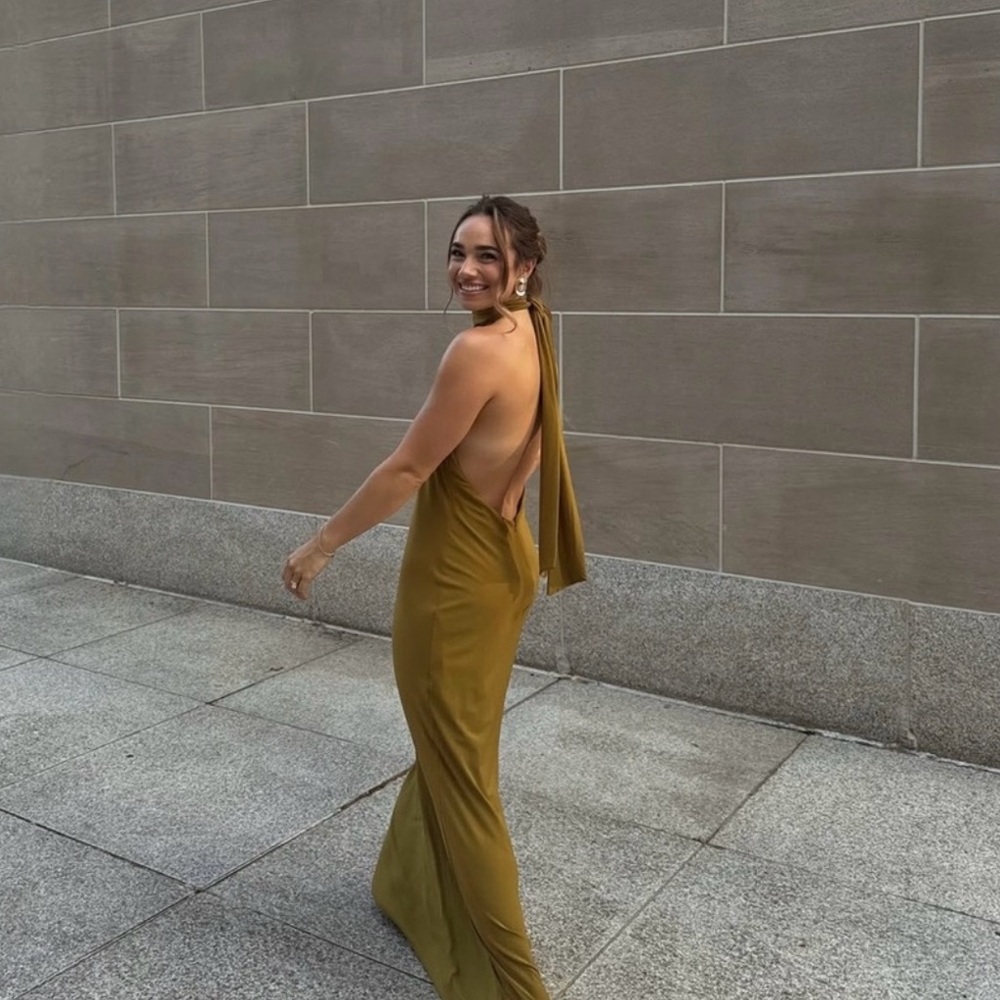 Zara Elegant Olive Green Halter Dress
